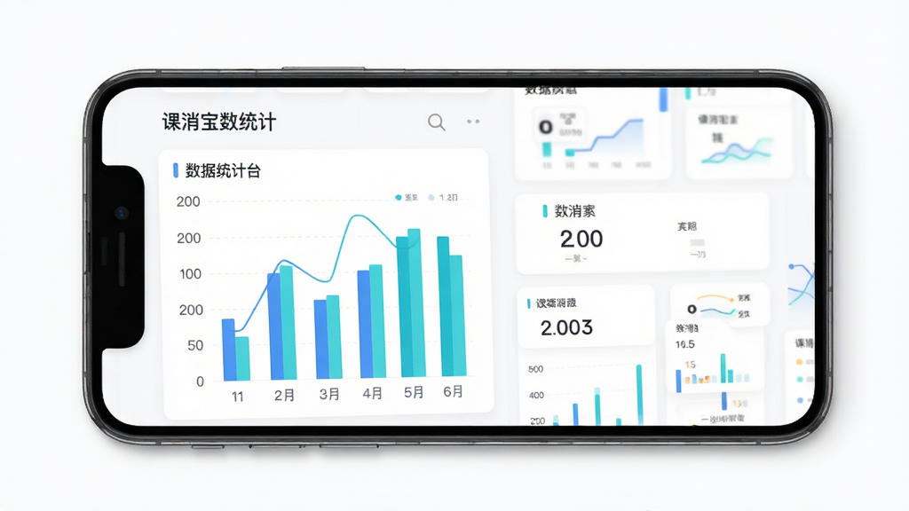课消宝数据统计界面,手机屏幕显示柱状图与数字汇总面板,图表配色为蓝色与青色,背景干净白色,扁平化信息图风格,排版疏密有致,细节清晰,画质高清,无多余元素
