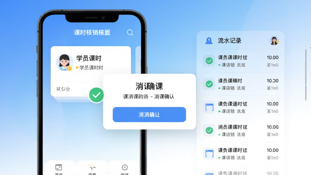 课消宝课时核销功能界面,手机屏幕显示学员课时卡片与消课确认弹窗,旁边配有对勾图标和流水记录列表,蓝白渐变背景,扁平化设计风格,排版整齐,细节清晰,画质干净,无杂乱元素