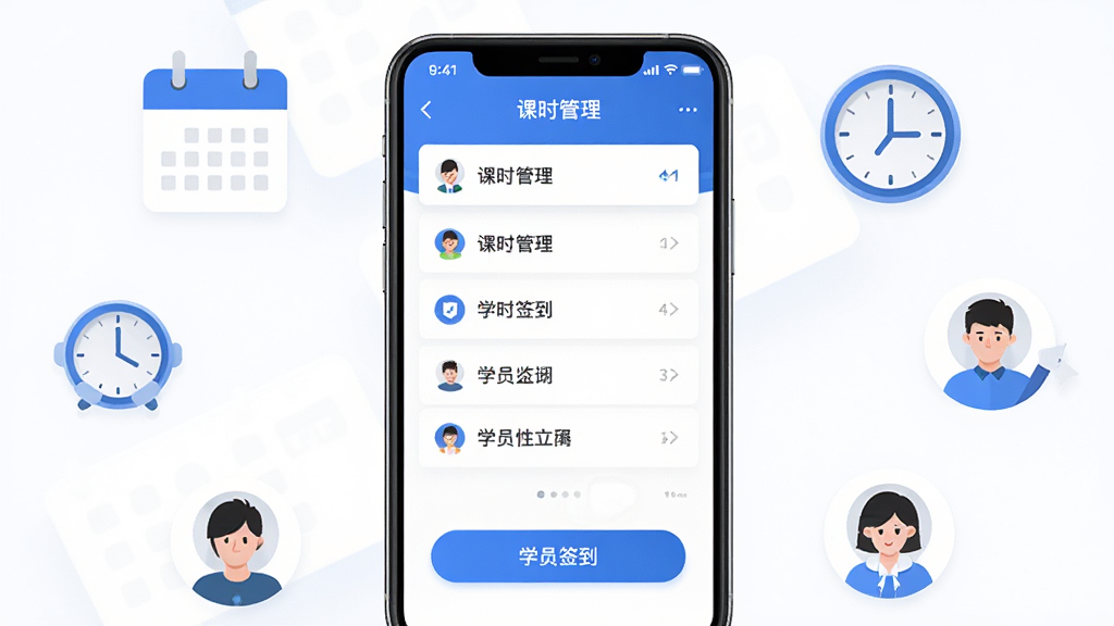 课消宝软件主界面展示,画面中央是一部智能手机,屏幕显示课时管理列表与学员签到按钮,周围环绕日历、时钟、学员头像等扁平化图标,整体采用蓝白配色,布局简洁清晰,风格现代商务,细节干净利落,画质高清,无多余元素