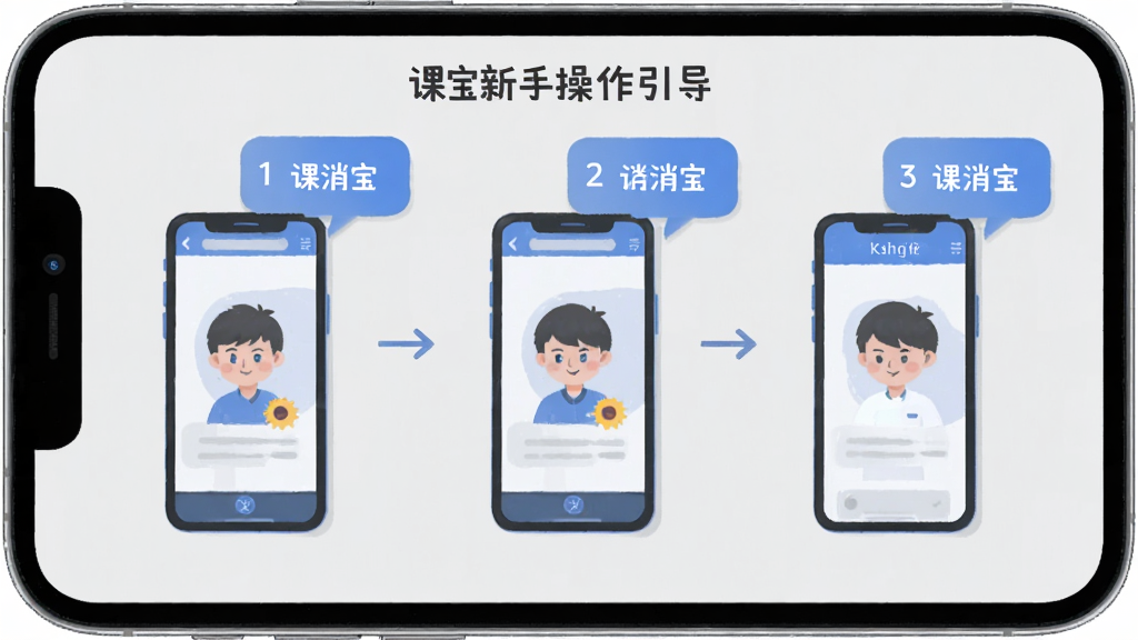 课消宝新手操作引导页面,手机屏幕显示分步操作示意图与提示气泡,界面采用浅灰与蓝色搭配,扁平插画风格,布局清晰,细节简洁,画质高清,无多余元素