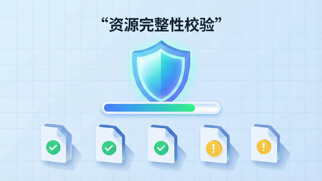 一张表现数据校验过程的科技感图片,画面中央是一个发光的盾牌图标与文件校验进度条,盾牌下方排列着若干文件图标,部分文件带有绿色对勾,部分带有黄色感叹号,布局为居中对称构图,盾牌上方用引号标注文字“资源完整性校验”,风格为扁平化科技插画风,细节包括进度条的渐变光效、文件图标的立体投影、背景的淡蓝色网格纹理,画质清晰简洁,画面干净无多余元素