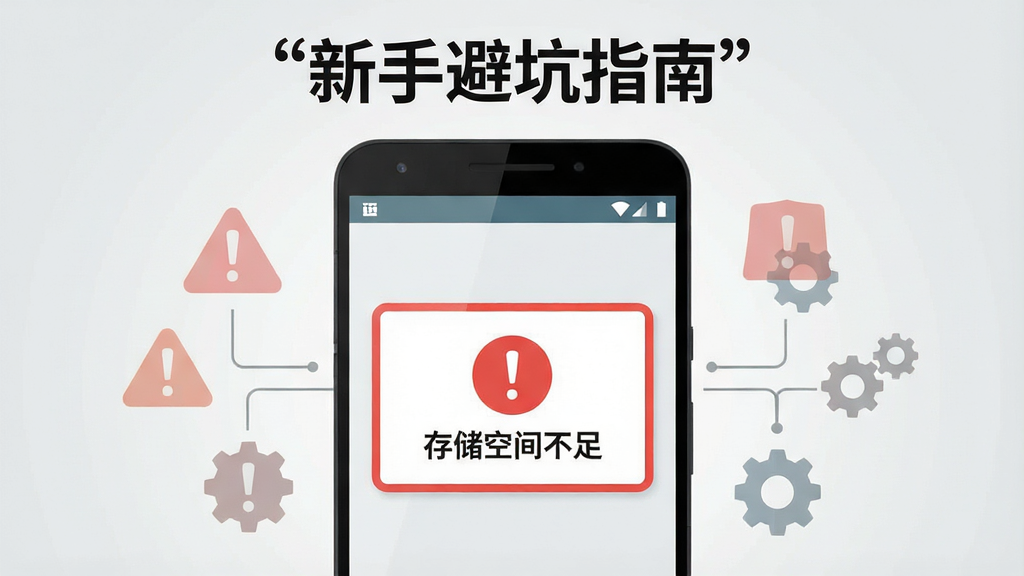 一张表现手机安装游戏过程中常见错误提示的示意图,画面主体为一部安卓手机屏幕特写,屏幕上显示红色感叹号与“存储空间不足”提示框,手机旁边漂浮着几个半透明的警告图标与齿轮图标,布局为手机居中,上方用引号标注文字“新手避坑指南”,风格为扁平化信息图风格,细节包括提示框的红色描边、背景的浅灰色渐变、图标之间的连线示意,画质清晰整洁,画面干净无多余元素