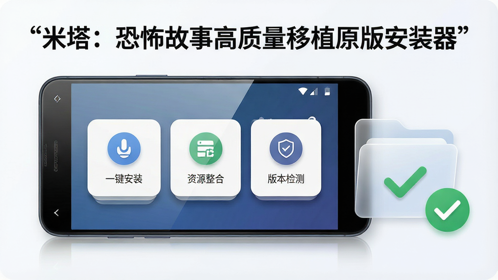 一张展示手机安装界面的产品示意图,画面主体为一部平放的安卓手机,屏幕上显示安装器界面,界面中包含“一键安装”“资源整合”“版本检测”三个功能模块图标,手机旁边放置一个半透明的数据包文件夹图标与对勾标记,布局为手机横放居中,上方用引号标注文字“米塔:恐怖故事高质量移植原版安装器”,风格为清爽科技产品展示风,细节包括界面UI的圆角卡片设计、图标阴影层次、手机屏幕高光反射,画质干净明亮,无多余装饰元素