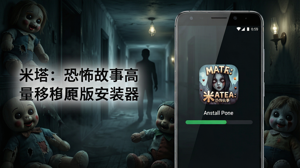 一张展现恐怖游戏安装场景的写实风格图片,画面中央是一部竖屏安卓手机,手机屏幕上显示米塔:恐怖故事高质量移植原版安装器的安装进度条与游戏封面图标,手机周围环绕着暗色调的恐怖游戏氛围元素,如破旧玩偶、昏暗走廊剪影、微弱闪烁的灯光,整体布局为手机居中偏右,左侧留白放置软件名称文字“米塔:恐怖故事高质量移植原版安装器”,风格为暗黑悬疑写实风,细节包括手机金属边框反光、屏幕玻璃质感、背景雾气层次,画质清晰锐利,画面干净无多余杂乱元素