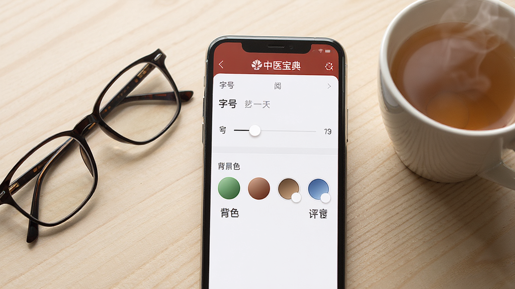 画面为一部手机屏幕特写,屏幕上显示中医宝典的阅读设置面板,包含字号滑块与背景色选项,手机旁边放着一副眼镜和一杯热茶,桌面为浅木纹材质,光线柔和自然,整体风格写实清新,构图简洁,画质清晰干净,无杂乱物品
