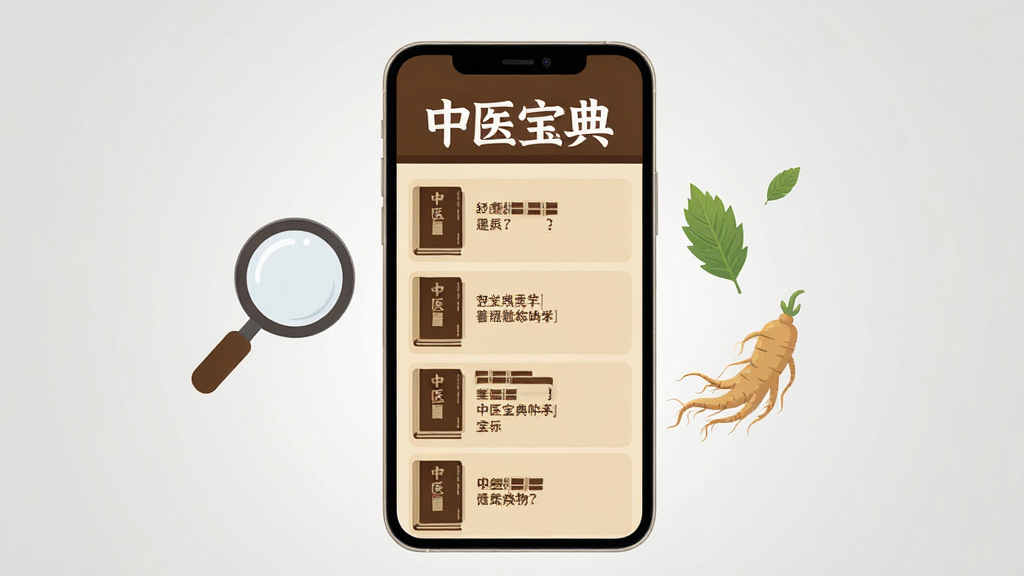 画面中央是一部竖屏智能手机,屏幕上显示着中医宝典的书籍列表界面,界面以米色为底、深棕色为文字色,旁边漂浮着放大镜图标与几片飘落的人参叶片,背景为浅灰色渐变,整体采用扁平化UI插画风格,构图简洁,画质清晰干净,手机屏幕上方用白色字体写有“中医宝典”字样