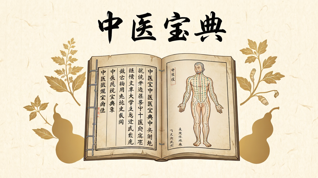 画面中央是一本摊开的线装中医古籍,书页上呈现竖排文字与人体经络插图,书本周围环绕着淡金色的草药枝叶与葫芦剪影,背景为柔和的米黄色宣纸质感,整体采用国风插画风格,细节精致,画质清晰干净,无多余元素,画面顶部用毛笔字体写有“中医宝典”四个字