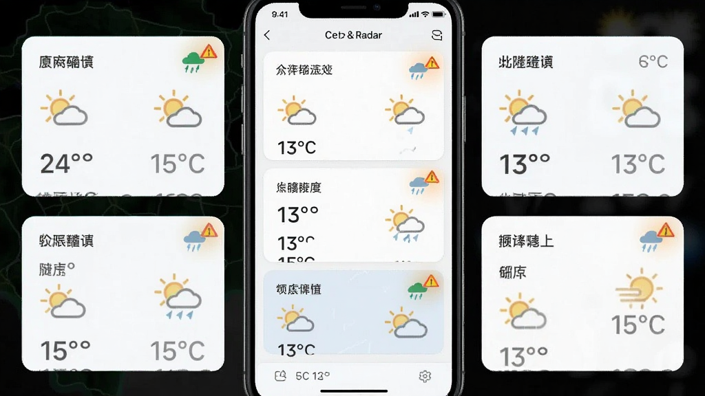 一张天气&雷达软件多城市管理界面的手机截图,屏幕上排列着多个城市卡片,每张卡片显示城市名称、当前温度和天气图标,部分卡片带有降雨预警标识,界面风格清爽整洁,画质清晰,无多余装饰