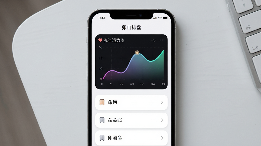 画面主体为一部手机屏幕特写,界面显示流年运势曲线图与命盘列表,列表项带有书签图标,背景为浅灰色桌面,布局为手机居中、屏幕内容清晰可见,排版简洁现代,风格为轻量工具类应用风,细节包含曲线渐变、列表卡片圆角、图标线条细腻,画质高清、干净、无多余元素,界面顶部显示文字“卯山排盘”