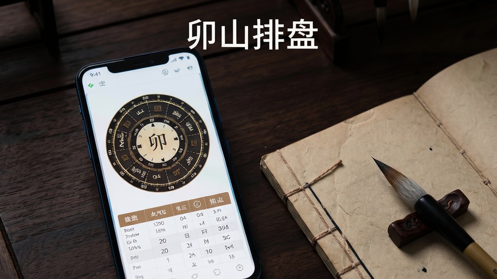画面主体为一台竖屏安卓手机,屏幕中央展示卯山排盘软件的排盘界面,包含圆形罗盘图案与八字信息表格,手机放置在深色木质桌面上,旁边摆放一本翻开的中式线装书与一支毛笔,布局为手机居中偏左、书册与毛笔置于右下角,排版简洁留白,风格为现代国风科技感,细节包含屏幕微光、罗盘刻度纹理、纸张纤维质感,画质高清、干净、无多余元素,图片上方悬浮文字“卯山排盘”