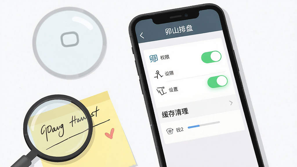 画面主体为一部手机屏幕显示卯山排盘的设置与权限管理界面,界面包含权限开关与缓存清理选项,手机旁放置一个放大镜与一张便签纸,布局为手机居中、放大镜与便签置于左下角,排版清晰有序,风格为扁平化工具说明风,细节包含开关按钮高亮、便签手写线条、界面图标简洁,画质高清、干净、无多余元素,界面顶部显示文字“卯山排盘”