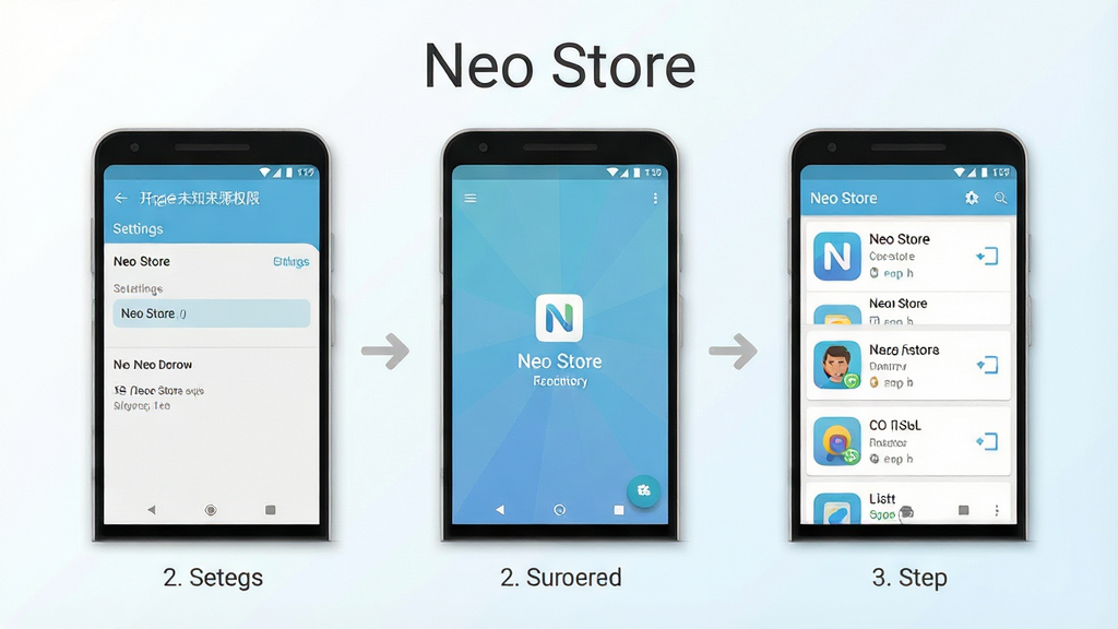 一张展示 Neo Store 在安卓手机上安装与使用的步骤示意图,主体为三部并排的手机屏幕,分别显示:第一步开启未知来源权限的设置界面、第二步 Neo Store 仓库同步加载界面、第三步应用列表浏览界面。布局为横向平铺,每部手机下方配有简洁的步骤序号。风格为扁平化信息图风格,色彩以浅蓝、白色和浅灰色为主,界面元素清晰可辨。细节上手机边框带有轻微阴影,背景为干净的浅色渐变。画质高清,画面整洁,无多余装饰元素,在画面顶部中央位置标注文字