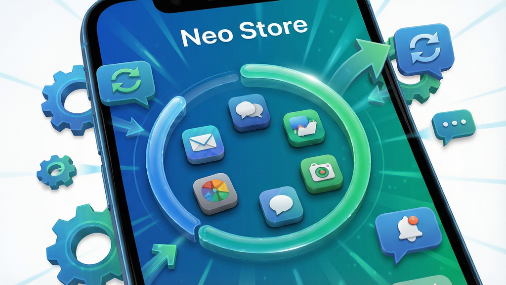 一张聚焦 Neo Store 智能更新功能的场景图,主体为手机屏幕特写,屏幕中央显示着一个圆环状的进度条正在更新多个应用图标,周围环绕着齿轮、刷新箭头与通知气泡等元素。布局紧凑,以手机屏幕为中心向外辐射。风格为动感科技风,色彩以蓝色和绿色为主,传递出流畅与高效的视觉感受。细节上进度条带有细腻的光泽感,应用图标具有微小的立体阴影。画质高清,画面干净,无杂乱背景,屏幕上方清晰显示文字