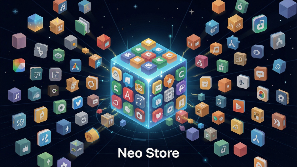 一张表现 Neo Store 汇聚海量应用的创意插画,画面中央是一个发光的数字宝库或应用图标集合体,无数个代表不同软件功能的彩色小方块从四面八方汇聚而来,融入中心主体。布局采用放射状构图,视觉焦点集中在中央的软件图标群。风格为扁平化与微立体结合,色彩丰富但和谐统一。细节上每个小图标都带有简洁的线条勾勒,背景为深色星空或科技网格,营造出资源丰富的科技氛围。画质清晰,画面干净,无多余元素,在画面下方或角落处自然融入文字