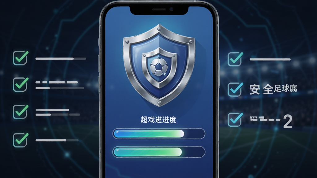 画面主体为一部手机屏幕显示游戏安装进度条与安全盾牌图标,布局为手机居中、盾牌位于屏幕上方、周围有勾选清单元素,排版为纵向信息图风格,风格为科技安全提示插画,细节包括进度条光效、盾牌金属质感、清单文字线条,画质高清、干净、无多余元素,画面中带有