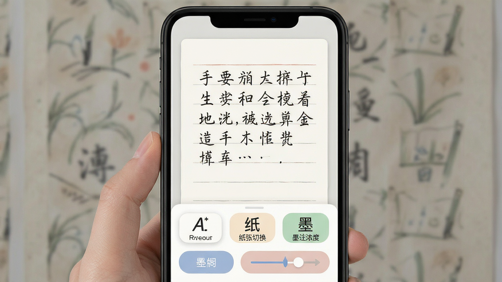 手写模拟器软件主界面展示,主体为一部智能手机屏幕,屏幕中显示手写模拟器应用界面,界面中央是一张带有横线纹理的纸张,纸上呈现工整的手写中文文字效果,下方排列着字体选择、纸张切换、墨迹浓度调节等功能按钮,布局清晰整齐,排版为手机正面竖屏展示,风格为清新简约的扁平化UI设计,细节包括按钮图标圆润、文字清晰、色彩柔和,画质高清干净,无多余元素