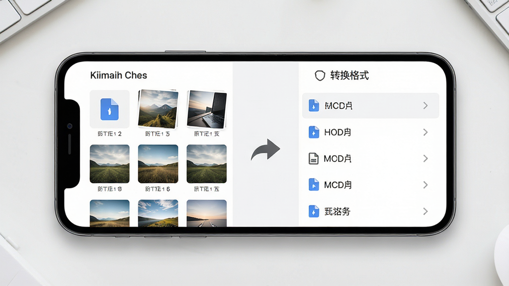 一张手机应用功能展示图,画面中一部手机横放在桌面,屏幕上显示压缩转换王的格式转换页面,左侧是图片文件缩略图,右侧是转换格式选项列表,中间有转换箭头标识,布局左右分栏,风格为简约商务风,细节包括文件图标与格式标签,画质清晰干净,无多余元素