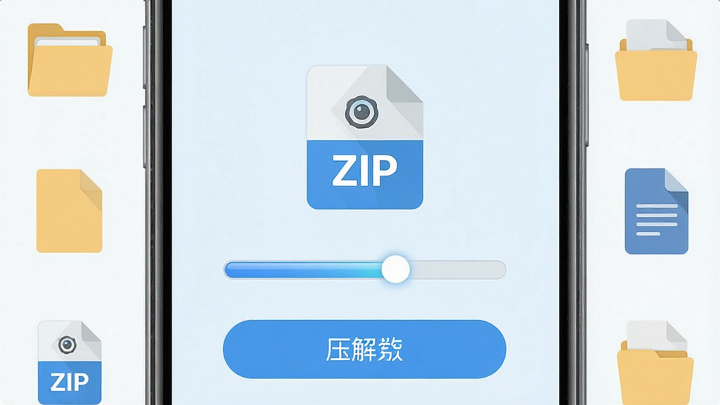 一张手机屏幕特写图,画面展示压缩转换王的解压界面,屏幕中央是一个ZIP压缩包的图标,下方有进度条和解压按钮,周围环绕着文件夹与文件图标,布局居中对称,风格为清爽的浅色系扁平设计,细节包括进度条高光与文件缩略图,画质清晰干净,无多余元素