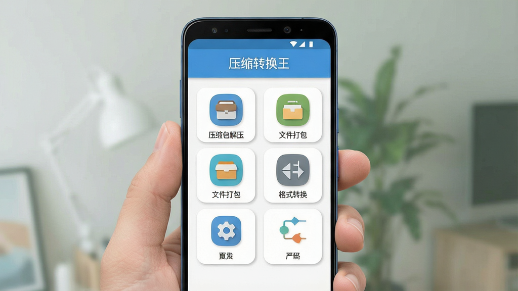 一张手机应用界面展示图,画面中央是一部竖屏安卓手机,屏幕上显示压缩转换王的主界面,顶部有软件名称“压缩转换王”,中部排列着压缩包解压、文件打包、格式转换等功能图标,布局整齐清晰,风格为简洁现代的扁平化设计,细节包括图标阴影与圆角卡片,画质清晰干净,无多余元素
