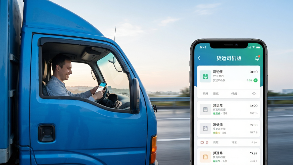画面主体为一辆行驶在高速公路上的蓝色轻型货车,驾驶室内一位司机正看着手机屏幕微笑,手机屏幕上显示