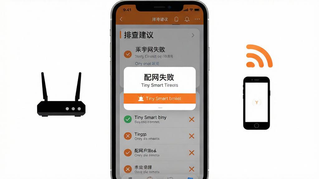主体为手机屏幕显示配网失败提示弹窗与排查建议列表;布局为手机居中,旁边放置路由器与手机信号图标;排版纵向信息流构图;风格为简洁提示卡风格,白底配橙色强调色;细节为弹窗标题写有 Tiny Smart 提示,列表项带对勾与叉号图标;画质高清、画面干净、无多余元素