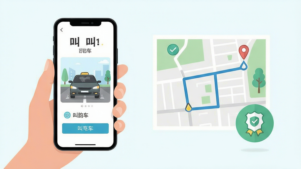 风韵出行使用教程场景图,画面为手持手机展示叫车步骤界面,旁边配有路线地图与安全提示图标,风格清新扁平,色调明亮,细节清晰,画质高清,干净无多余元素