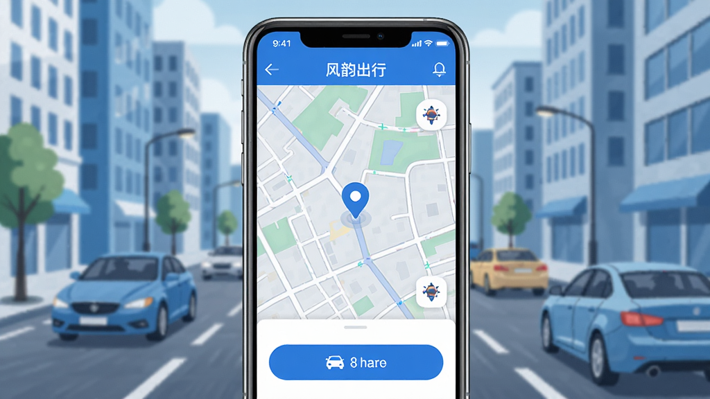 一张手机界面展示风韵出行APP首页地图叫车场景的写实插画,画面中央是手机屏幕,屏幕内显示城市地图、定位图标和叫车按钮,背景为城市街道与行驶车辆,风格简洁现代,色调以蓝白为主,细节清晰,画质高清,干净无多余元素