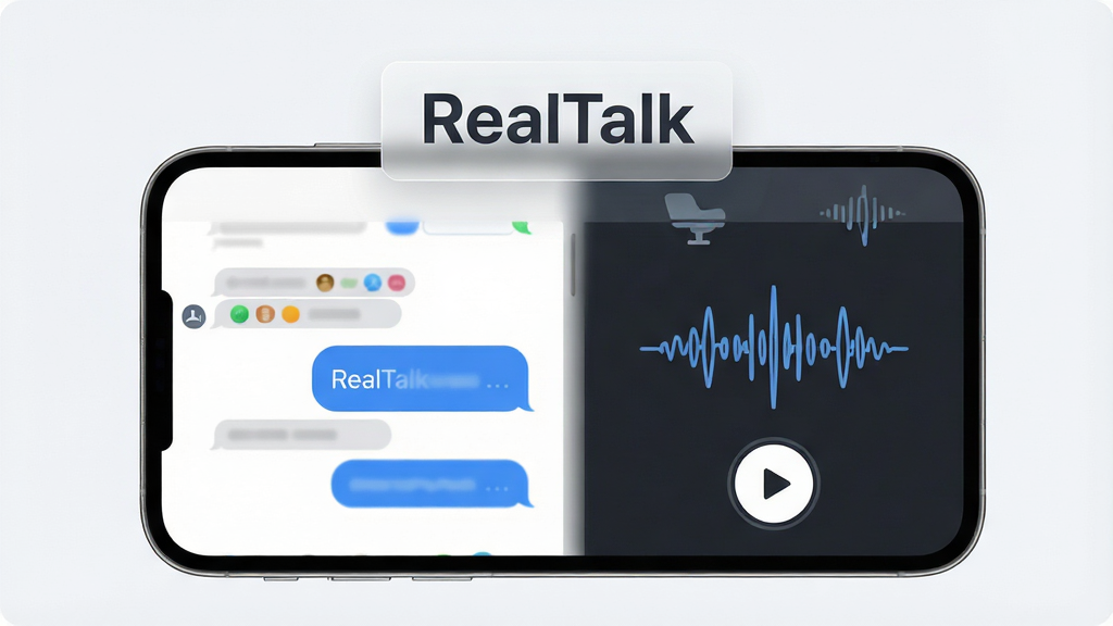 һ�ű���RealTalk��ʱ��Ϣ������˫ͨ�����ܵĳ���ͼ������������һ���ֻ�����Ļ���Ϊ�����������ݡ��Ҳ�Ϊ��������ͼ���벥�Ű�ť�������ԶԳƲ��ֲ��г��֣��ֻ��Ϸ�������RealTalk�������İ�͸����ǩ������Ϊ�ɾ���ǳ�Ұ�ɫ�������ˬ��Լ��ϸ����ͻ������Բ���벨�����������������������޶���Ԫ��