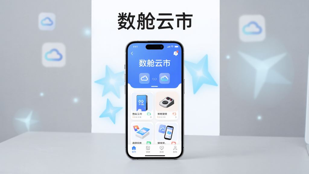主体为一部智能手机放置在浅灰色桌面中央,屏幕上展示“数舱云市”应用首页卡片式界面,包含商品推荐模块与底部导航栏;布局上手机居中、左右留白,背景点缀淡蓝色几何光斑;排版采用竖版海报构图,上方留出软件名称标题区域;风格为现代科技简约风,扁平化图标搭配柔和渐变;细节上屏幕内文字清晰显示“数舱云市”四个字,图标圆角统一,整体色调以蓝白为主;画质高清、画面干净、无多余元素