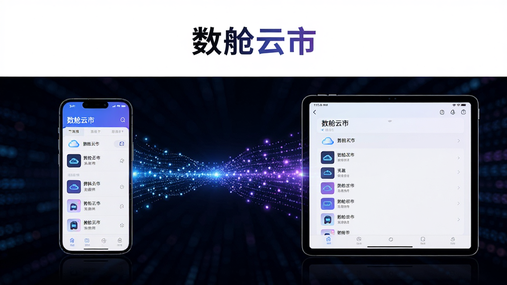 主体为两个智能设备屏幕之间由一条发光的数据流连接,左侧手机屏幕显示“数舱云市”收藏列表,右侧平板屏幕显示相同内容;布局为左右对称构图,数据流位于画面中央;排版横向展开,上方留白放置标题;风格为科技感信息图风格,蓝紫色渐变光效;细节上数据流由细小光点组成,屏幕内容对应一致,背景深色衬托;画质高清、干净整洁、无多余元素
