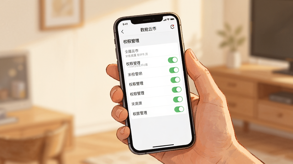 主体为一只手握持手机,屏幕显示“数舱云市”设置页面中的权限管理列表;布局上手部位于画面右下,手机屏幕为视觉中心;排版竖版构图,左上留白;风格为生活化实拍感插画风格,暖色调光线;细节上屏幕内权限开关清晰,背景为简洁室内环境虚化;画质高清、画面干净、无多余元素