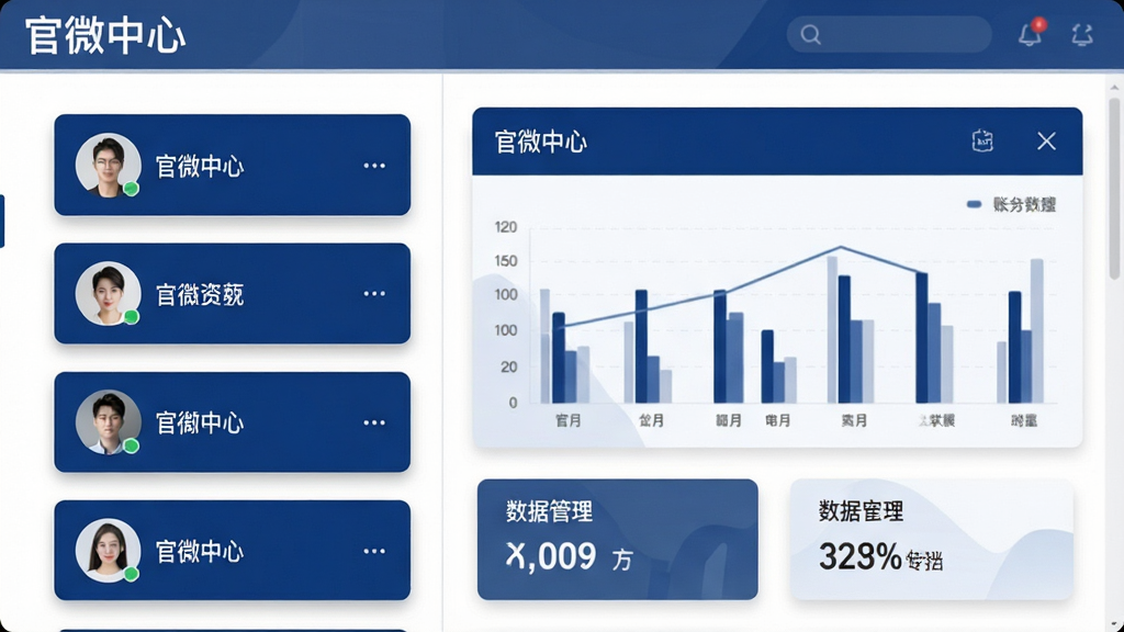 画面主体为“官微中心”软件的多账号管理界面示意图,布局采用左右分栏,左侧为账号列表,右侧为选中账号的数据面板。排版上账号列表以卡片形式纵向排列,每张卡片带有账号头像与名称。风格为简约商务风,色彩以深蓝与白色为主。细节上卡片带有轻微阴影,数据面板包含柱状图与数字指标。画质清晰,画面干净,无多余装饰元素。