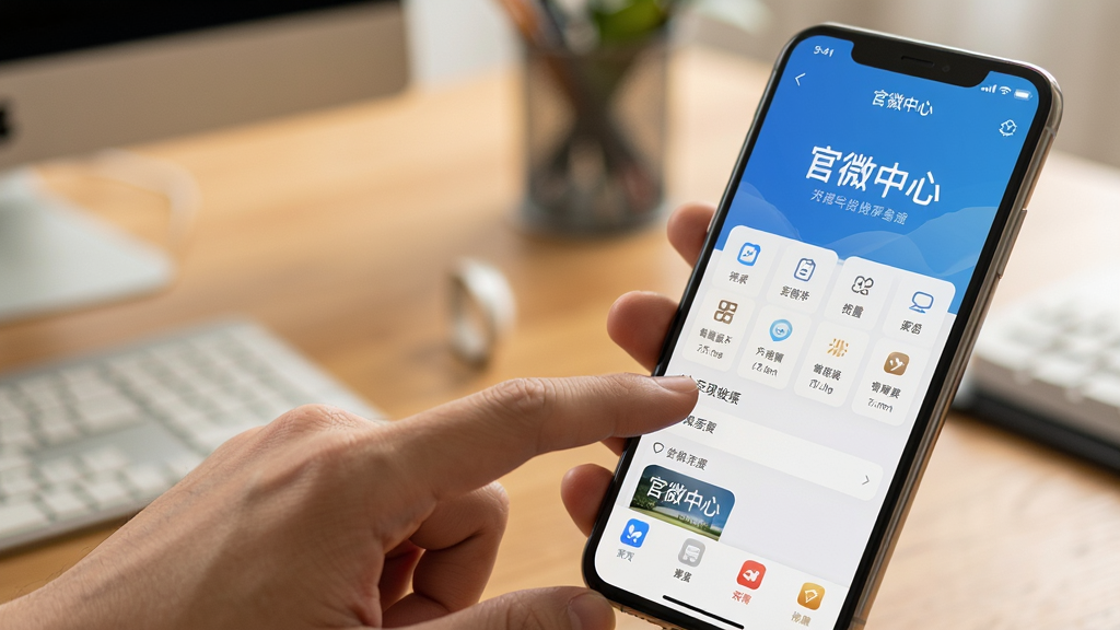 画面主体为一只手握持智能手机展示“官微中心”应用界面的场景图,布局为手机位于画面右侧,左手拇指正在点击屏幕。排版上手机屏幕内容清晰可见,背景为虚化的办公桌面。风格为写实生活化风格,色彩以暖色调为主。细节上手指与屏幕的交互动作自然,屏幕内界面元素完整。画质高清,画面干净,无多余元素。