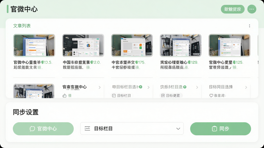 画面主体为“官微中心”软件的文章同步功能操作界面,布局为上下结构,上方为文章列表,下方为同步设置面板。排版上文章列表以缩略图加标题的形式横向排列,同步面板包含目标栏目选择与同步按钮。风格为清新浅色系,色彩以浅绿与白色为主。细节上按钮带有圆角,列表项之间有细线分隔。画质高清,画面干净,无多余元素。