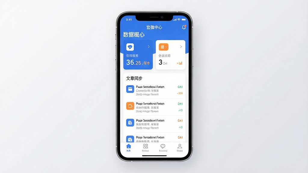 画一幅手机应用界面展示图,主体是一部竖屏智能手机,屏幕中显示“官微中心”应用的主界面,界面包含数据概览卡片、文章同步列表与底部导航栏。布局采用居中构图,手机置于画面中央,背景为浅灰色渐变。排版突出手机屏幕内容,四周留白充足。风格为现代科技感扁平化设计,色彩以蓝白为主,辅以少量橙色点缀。细节上手机边框圆润,屏幕内图标清晰、文字排版整齐。画质高清,画面干净,无多余元素。