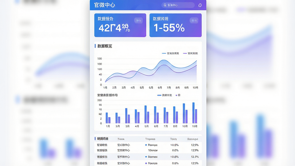 画面主体为“官微中心”软件的数据报告页面展示图,布局为垂直滚动式信息流,顶部为数据概览卡片,中部为折线图与柱状图组合,底部为明细列表。排版上图表占据主要视觉区域,数字指标以醒目字体标注。风格为现代数据可视化风格,色彩以蓝紫渐变与白色为主。细节上图表线条平滑,图例清晰。画质高清,画面干净,无多余元素。