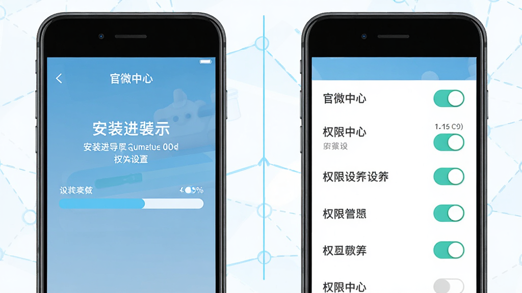 画面主体为“官微中心”软件在手机上的安装引导与权限设置示意图,布局为左右两部分,左侧为安装进度界面,右侧为权限开关列表。排版上两部分并列展示,中间以细线分隔。风格为扁平化信息图风格,色彩以浅蓝与白色为主。细节上权限开关带有清晰的开启关闭状态标识,安装进度条显示百分比。画质高清,画面干净,无多余元素。