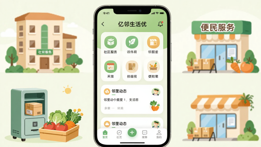 画面主体为一部竖屏智能手机,屏幕中央展示“亿邻生活优”应用主界面,界面包含社区服务图标网格、邻里动态卡片与底部导航栏,手机周围环绕着社区楼栋、快递柜、生鲜果蔬与便民服务站的扁平化插画元素,布局采用居中构图、上下分层,整体风格为清新明亮的现代扁平插画风,配色以浅绿与暖白为主,细节上突出圆角图标与柔和阴影,画质清晰干净,无多余元素