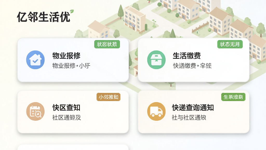 画面主体为“亿邻生活优”应用的服务聚合页面,页面以卡片形式并列展示物业报修、生活缴费、快递查询与社区通知四个功能模块,背景为浅色社区俯瞰插画,布局采用横向排列的功能卡片与纵向信息流结合,风格为简洁商务扁平风,细节上卡片带有轻微投影与状态标签,画质清晰干净,无多余元素