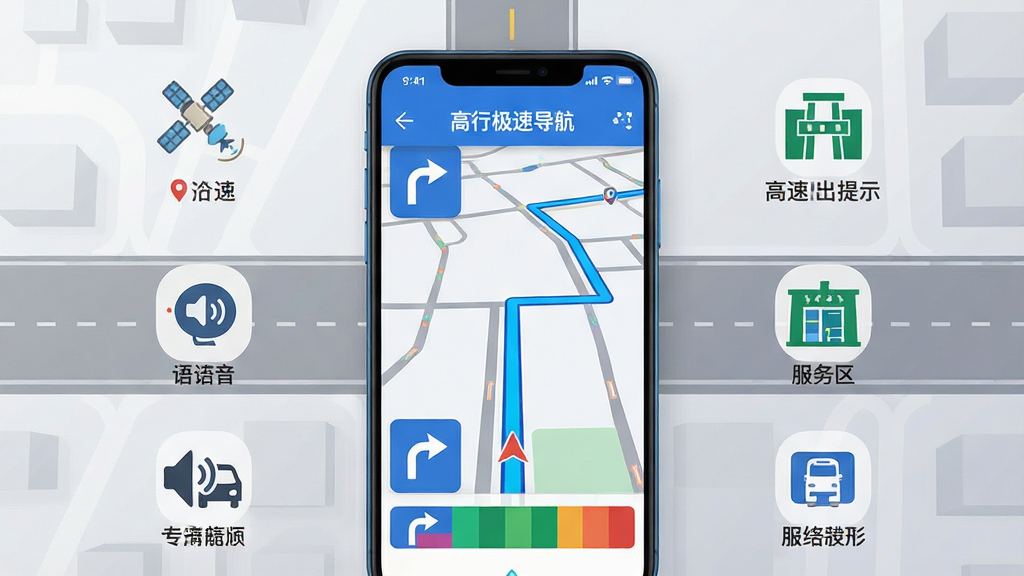 画面中央放置一部竖屏安卓手机,手机屏幕上显示“高行极速导航”主界面,包含蓝色路线轨迹、转向箭头与路况色条,手机周围以扁平化图标环绕展示卫星定位、语音播报、高速出入口提示、服务区图标等元素,背景为浅灰渐变城市道路俯视图,整体采用清爽科技风格,布局居中对称,细节干净利落,画质清晰,无多余装饰元素