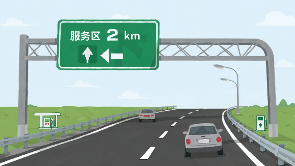 高速公路场景示意图,路侧竖立信息牌显示“服务区 2km”与“高行极速导航”标识,画面以简洁扁平插画风格呈现道路、车辆与指示牌,布局横向展开,细节包含加油站与充电桩小图标,画质清爽干净