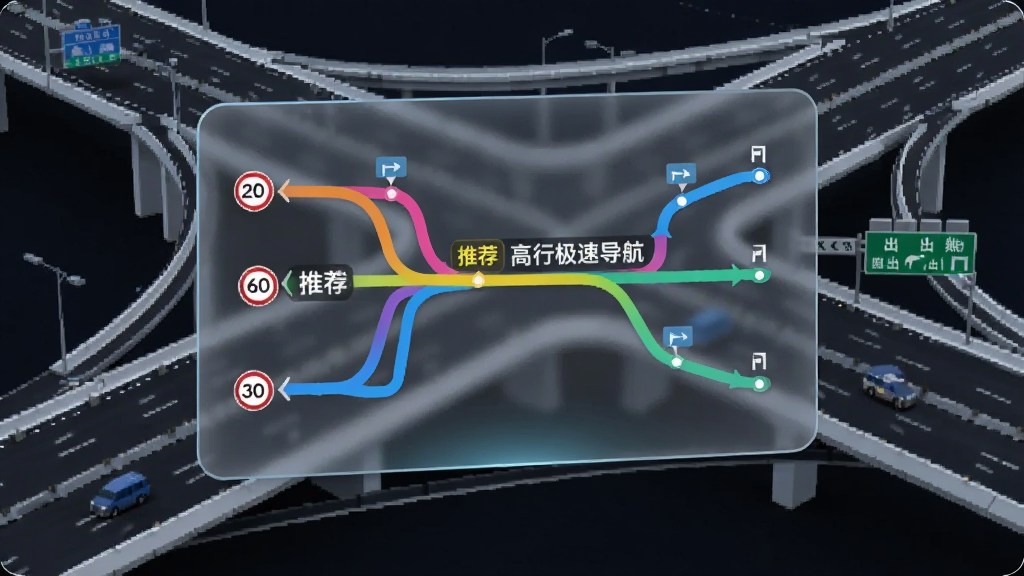 横向构图展示一块悬浮在空中的半透明路线规划面板,面板上有多条彩色路线分支,其中一条标注“推荐”并带有“高行极速导航”字样,背景为抽象化的高速公路与立交桥线条,风格偏科技信息图,细节包含限速标识与出入口节点,画质锐利干净