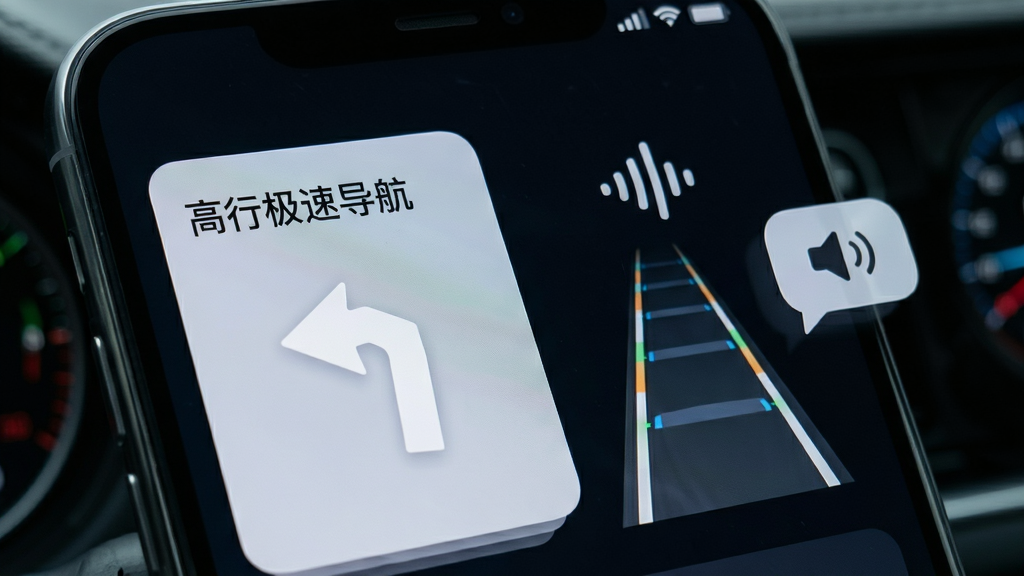 手机屏幕特写,显示“高行极速导航”的大字号左转指令卡片与车道放大图,旁边浮现声波图标与语音气泡,背景为深色仪表盘氛围,风格写实偏科技,构图聚焦屏幕内容,细节清晰展示箭头与文字,画质干净无杂乱元素