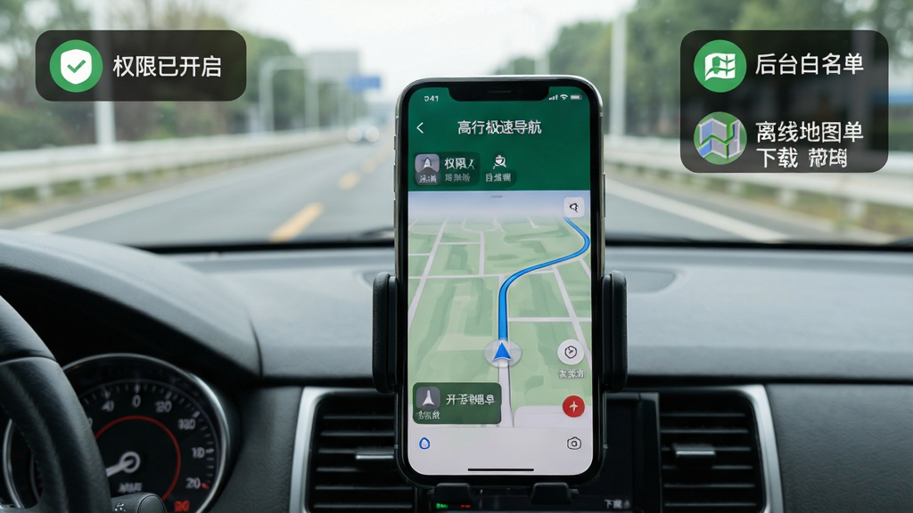 一部手机固定在车载支架上,屏幕显示“高行极速导航”导航中界面,画面角落以图标形式提示“权限已开启”“后台白名单”“离线地图已下载”,背景为车内前排视角与前方道路,风格写实简洁,构图突出手机与提示图标,画质清晰干净