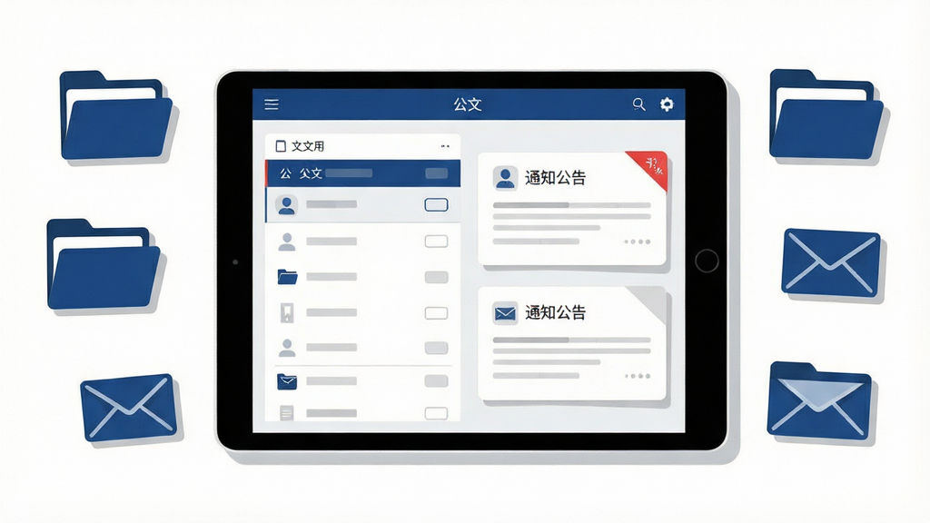 一张办公软件界面示意图,画面为一部横放的平板电脑,屏幕上显示公文列表与通知公告卡片,卡片带有红色未读角标,平板旁边散落着几个文件夹图标和信封图标,布局为居中平铺构图,风格为简洁扁平化信息图,色调以白色和深蓝为主,细节包括卡片阴影和图标线条,画质干净清晰,无杂乱背景