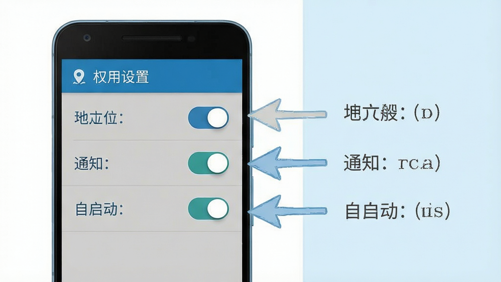 一张手机应用操作引导图,画面为一部安卓手机正面图,屏幕显示权限设置界面,包含定位、通知、自启动三个开关选项,手机右侧伸出指示箭头指向开关位置,布局为左右分栏构图,风格为教程示意图风格,色调以浅蓝和白色为主,细节包括开关的高亮状态和简洁的文字标签,画质清晰干净,无多余元素