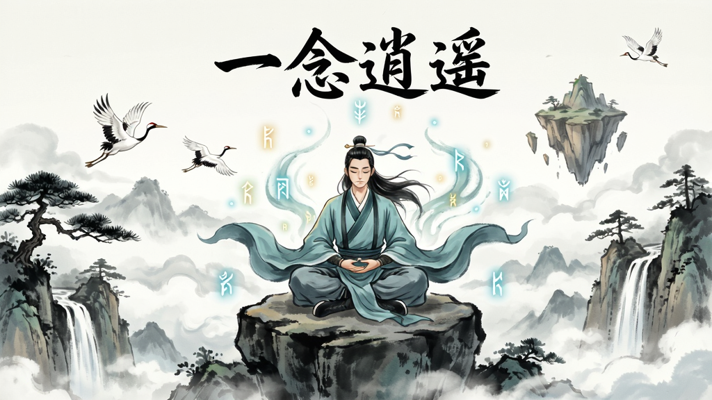 一幅水墨国风修仙场景插画,画面主体为一位身着青衫的修士盘坐于山巅巨石之上闭目修炼,身后有淡淡灵气环绕,远处云海翻涌、仙鹤飞过,山间点缀古松与飞瀑,布局采用竖版构图,上方留白处用毛笔字体写有“一念逍遥”四字,风格为国风水墨淡彩,细节包含飘动的衣袂、若隐若现的符文光点、远处浮空岛屿,画质清晰细腻,画面干净无多余元素