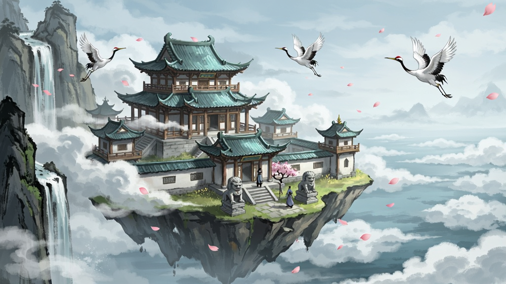 一幅水墨风格的游戏场景概念图,画面主体为一座悬浮于云端的仙府建筑群,青瓦白墙、飞檐翘角,周围有灵鹤盘旋、祥云缭绕,布局为横向宽幅构图,左侧为陡峭山崖与瀑布,右侧为开阔云海,风格为东方水墨淡彩,细节包含仙府门前的石狮、飘落的桃花瓣、隐约可见的修士身影,画质精致,画面干净无多余元素