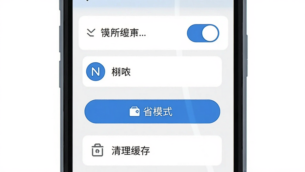 一幅手机游戏安装设置界面的示意图,画面主体为一部智能手机屏幕显示游戏权限设置页面,布局为居中构图,风格为扁平化科技风,细节包含屏幕上的存储权限开关、网络权限图标、省电模式按钮、清理缓存选项,画质清晰,画面干净无多余元素
