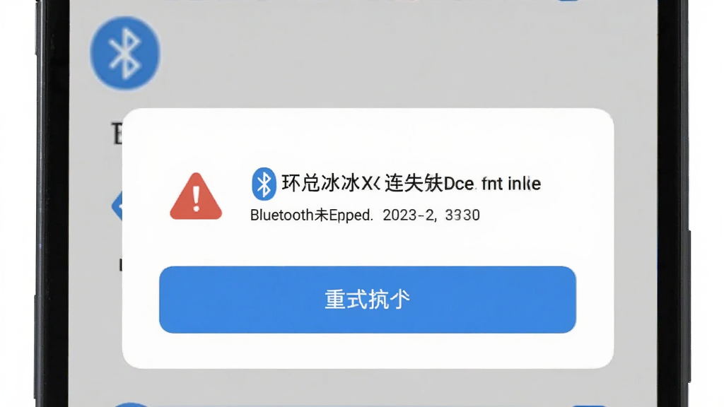 手机屏幕展示冰环X应用连接失败提示弹窗,画面中有蓝牙未开启的图标与重试按钮,背景为浅灰色界面,风格为扁平化提示页设计,细节包括警示图标与操作引导文字,画质清晰,干净,无多余元素